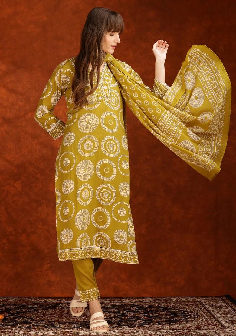 Yellow Embroidery Cotton Kurta Set - Indya
