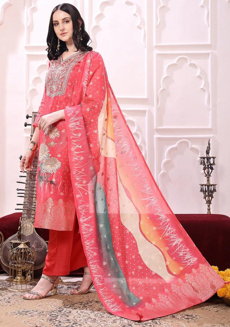 Coral Embroidery Silk Kurta Set - Indya