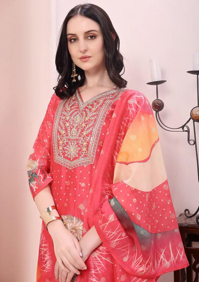 Coral Embroidery Silk Kurta Set - Indya