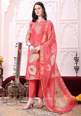 Coral Embroidery Silk Kurta Set