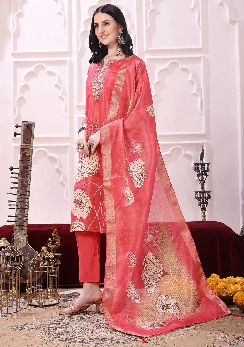Coral Embroidery Silk Kurta Set - Indya