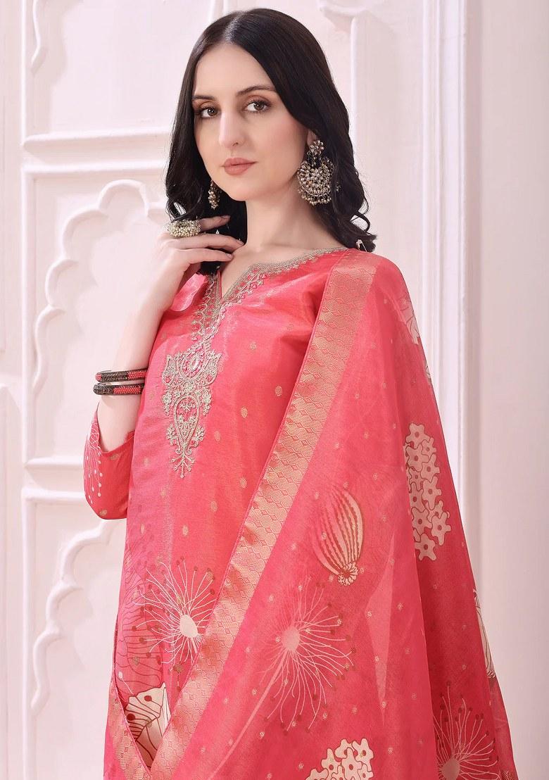 Coral Embroidery Silk Kurta Set - Indya