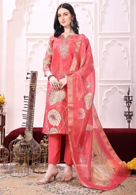 Coral Embroidery Silk Kurta Set