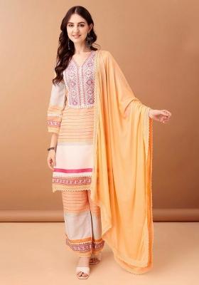 Orange Embroidery Cotton Kurta Set