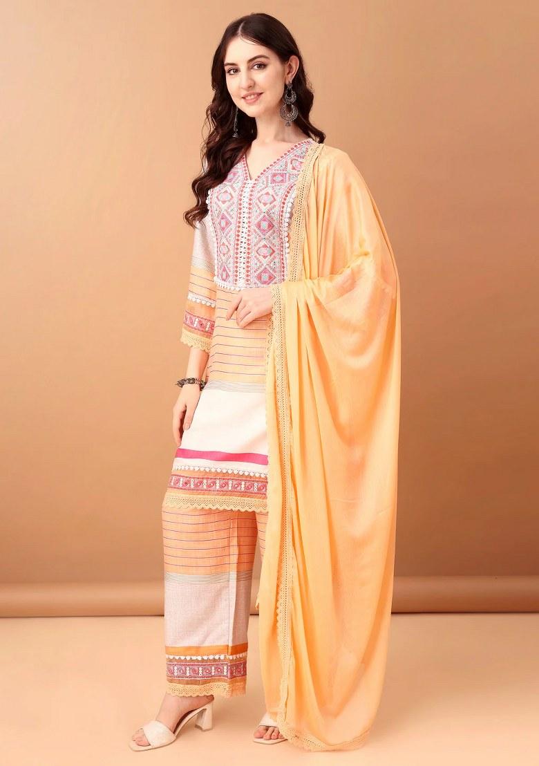 Orange Embroidery Cotton Kurta Set - Indya