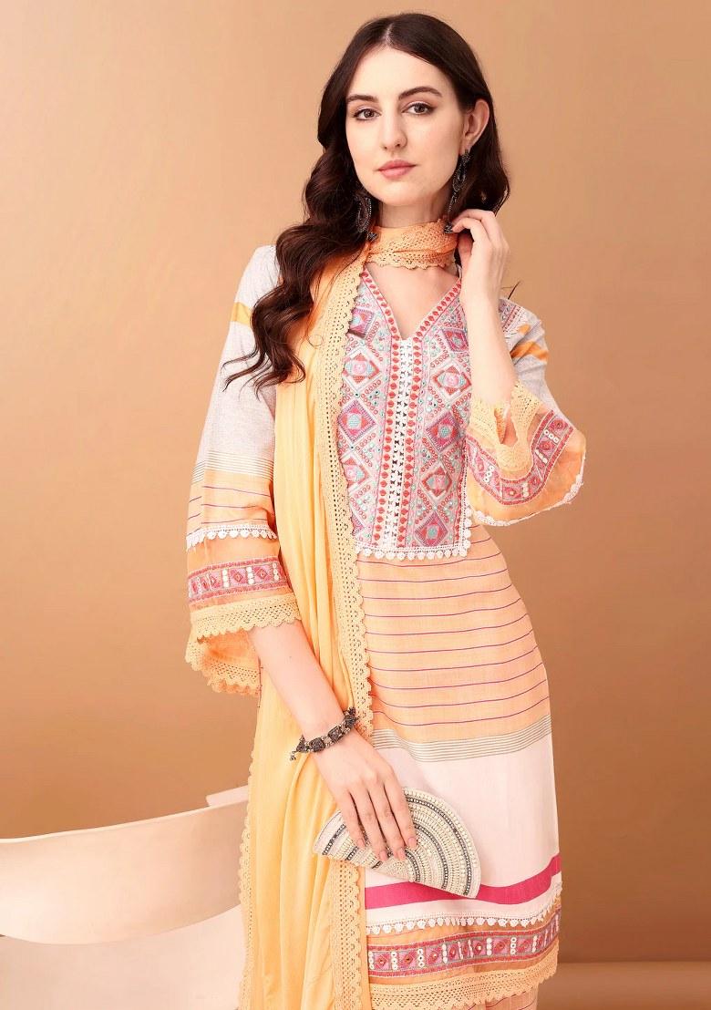 Orange Embroidery Cotton Kurta Set - Indya