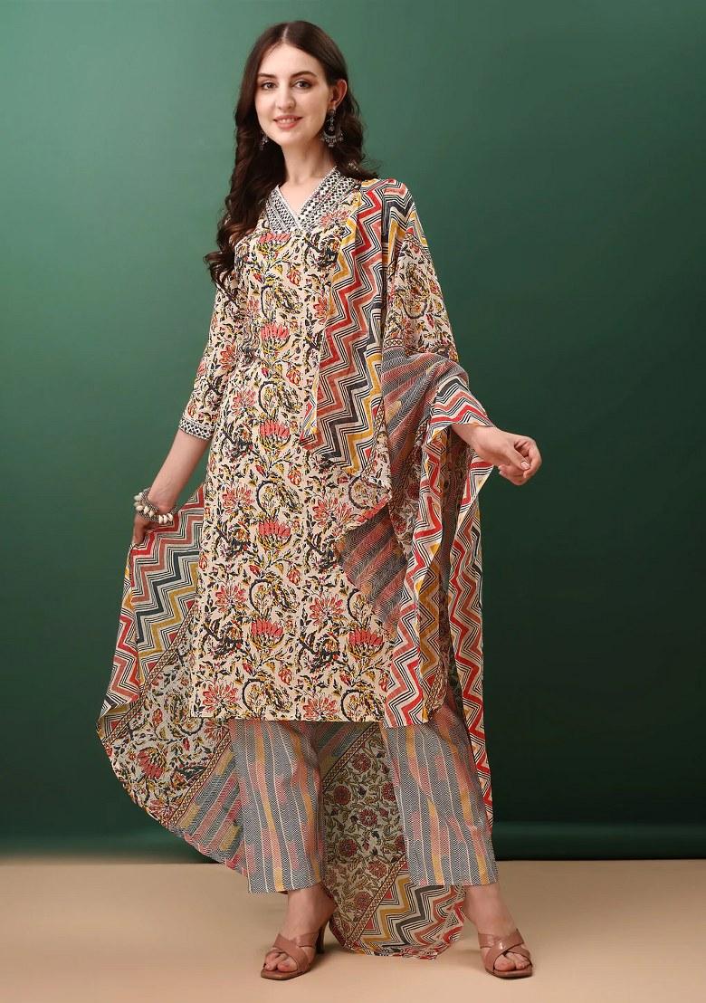 Cream Embroidery Cotton Kurta Set - Indya