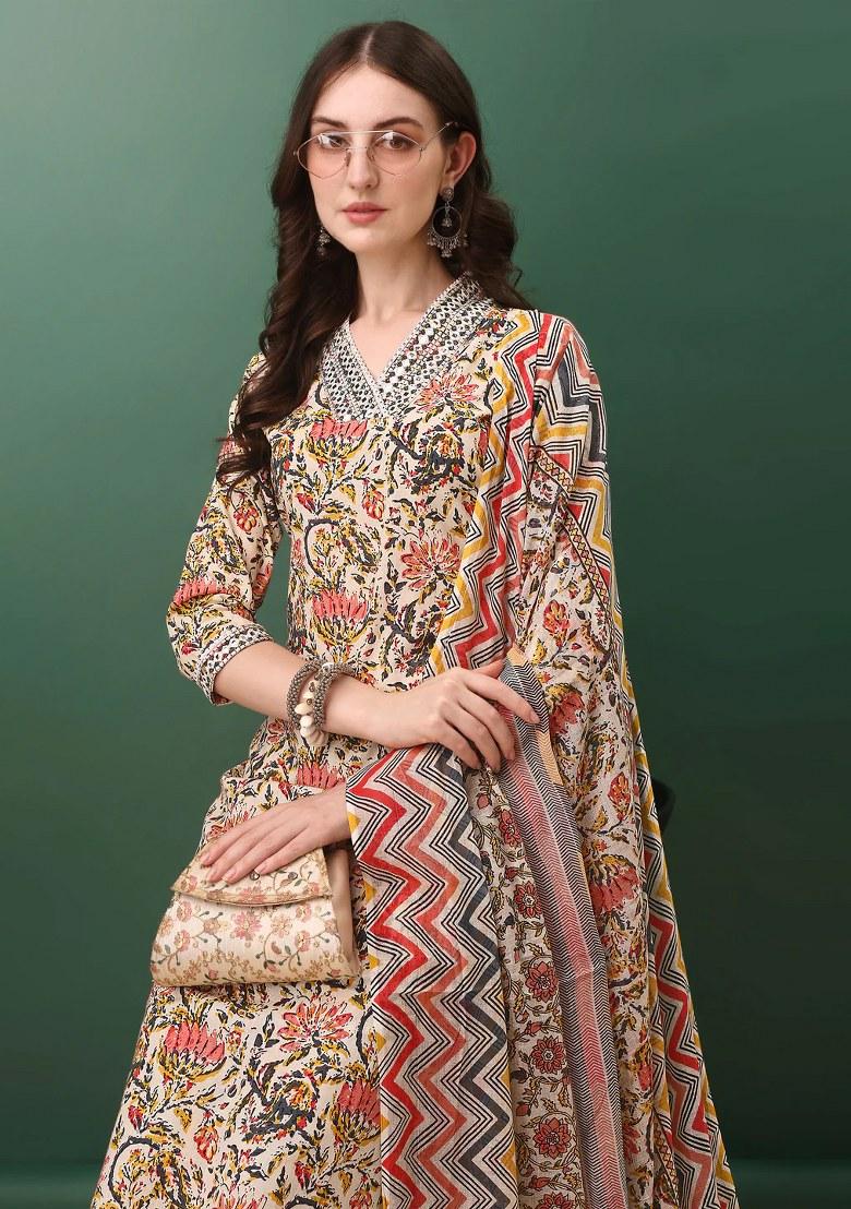 Cream Embroidery Cotton Kurta Set - Indya