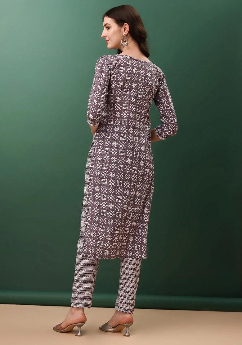 Lavender Embroidery Cotton Kurta Set - Indya