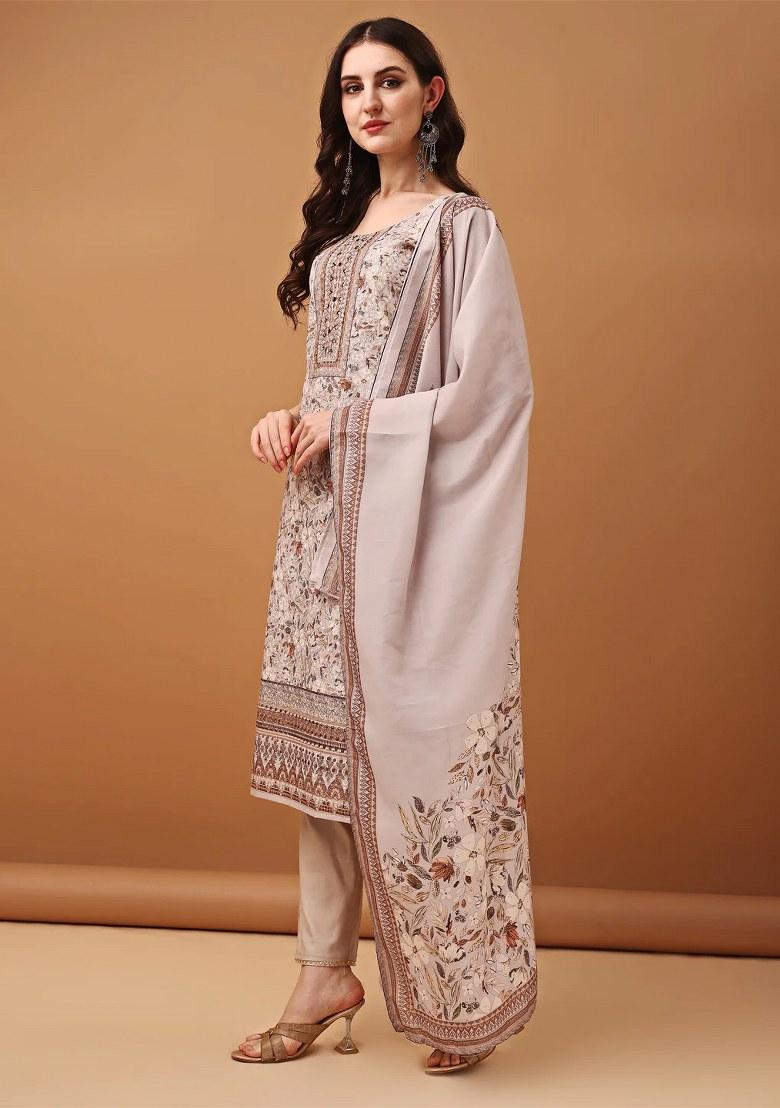 Brown Embroidery Cotton Kurta Set - Indya