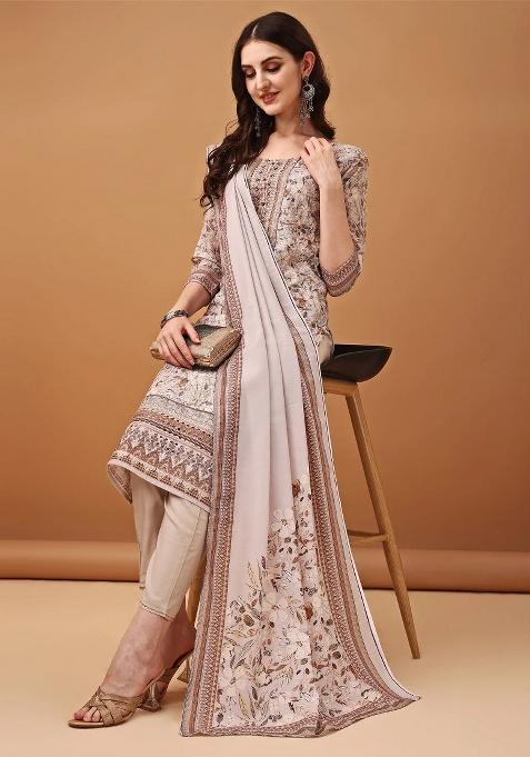 Brown Embroidery Cotton Kurta Set