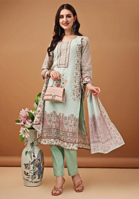 Green Embroidery Cotton Kurta Set