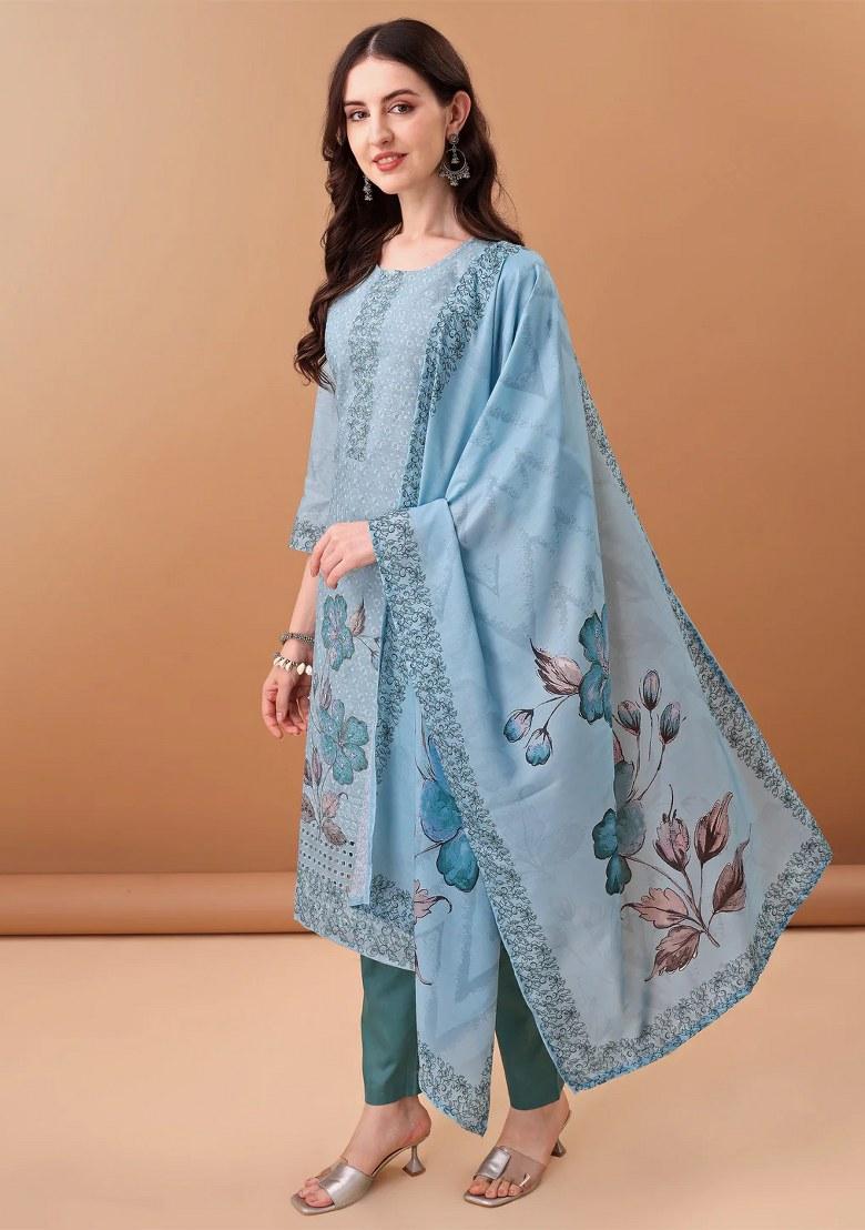 Blue Embroidery Cotton Kurta Set - Indya