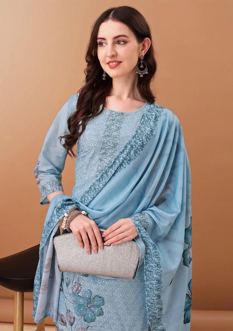 Blue Embroidery Cotton Kurta Set - Indya