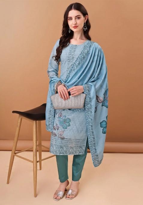 Blue Embroidered Cotton Pakistani Suit Set — view on Indya