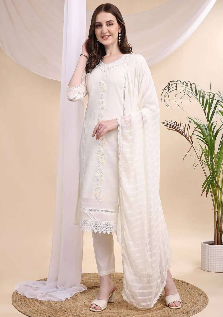 White Embroidery Chanderi Kurta Set - Indya