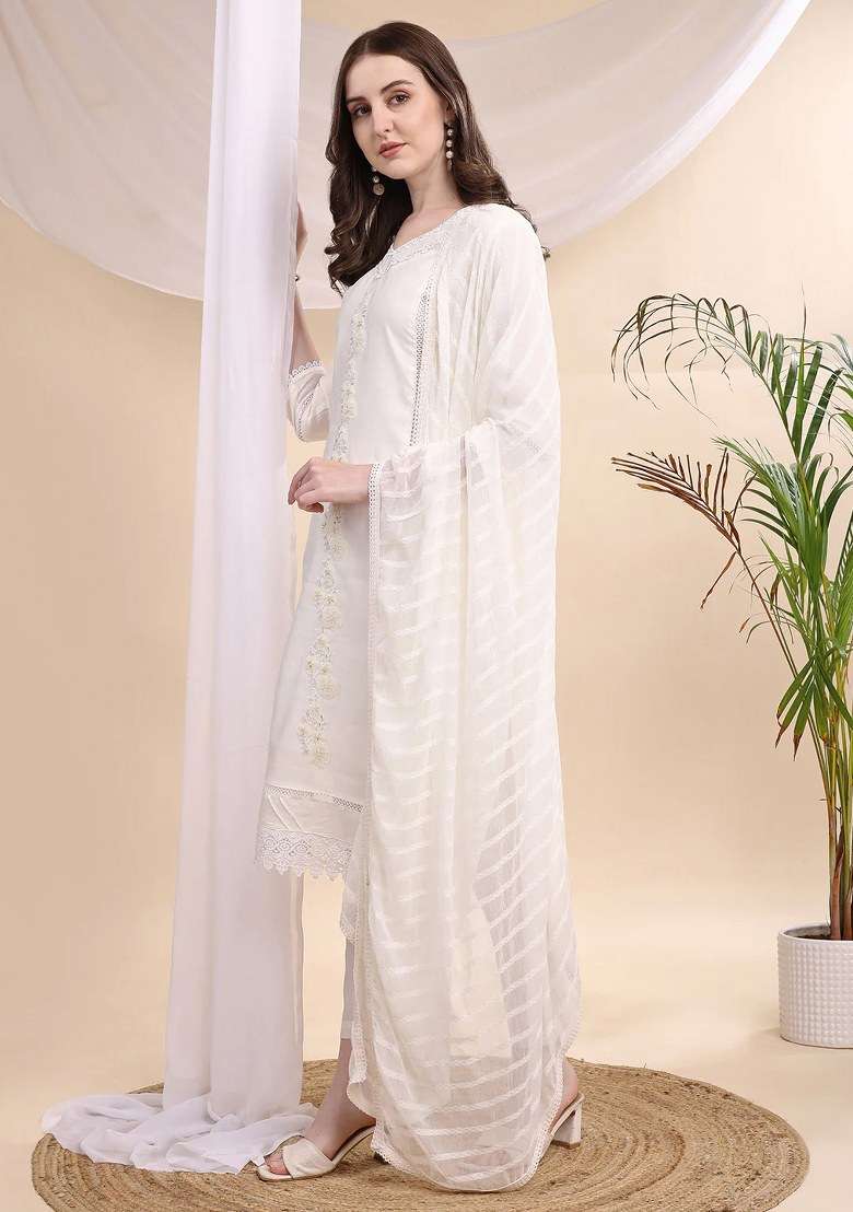 White Embroidery Chanderi Kurta Set - Indya