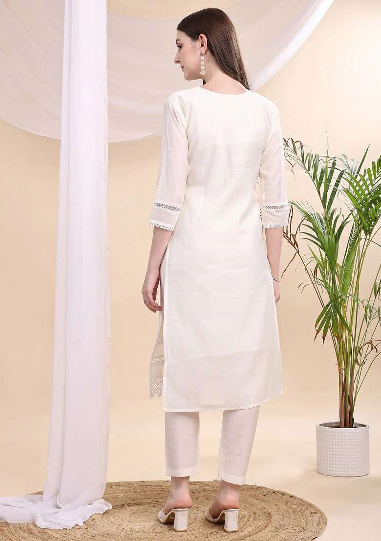 White Embroidery Chanderi Kurta Set - Indya