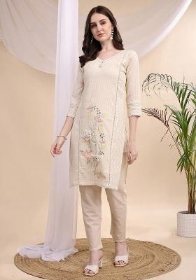 Cream Embroidery Cotton Kurta Set