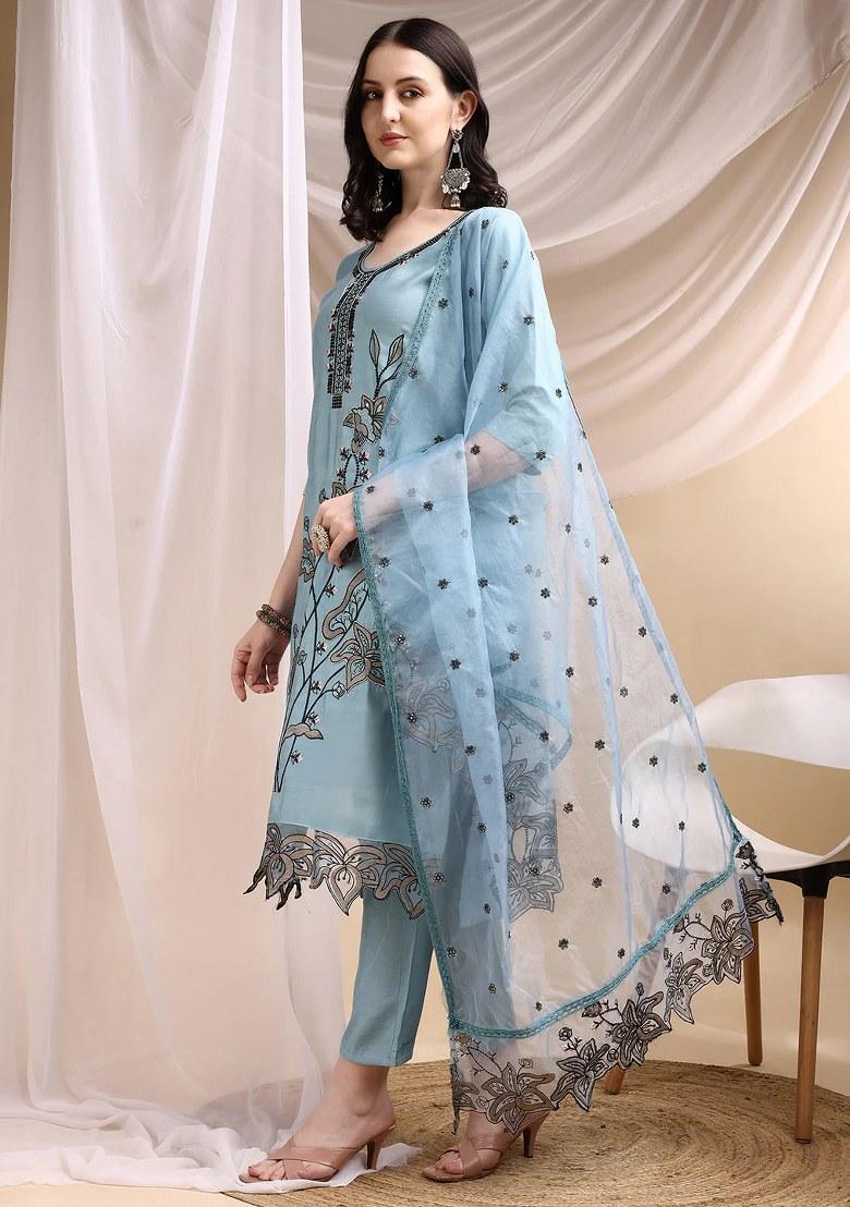 Aqua Blue Embroidery Chanderi Kurta Set - Indya