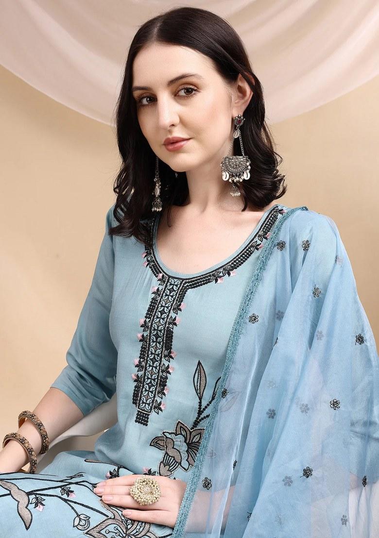 Aqua Blue Embroidery Chanderi Kurta Set - Indya