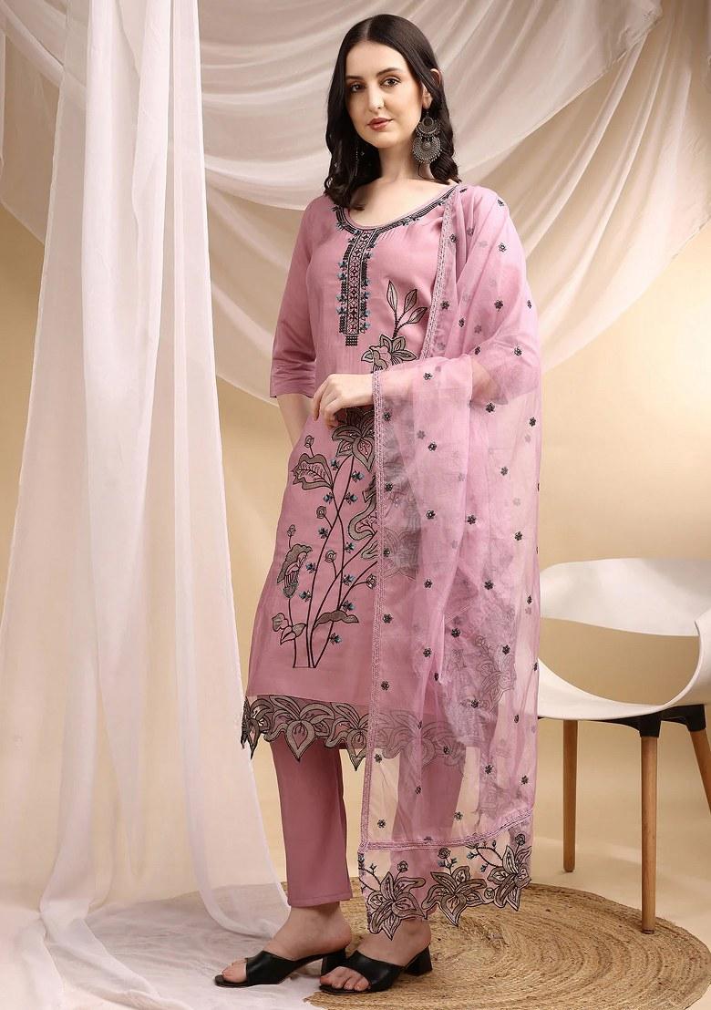 Pink Embroidery Chanderi Kurta Set - Indya
