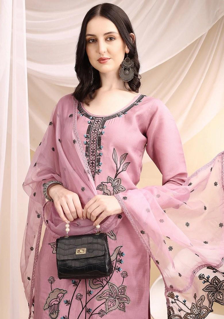 Pink Embroidery Chanderi Kurta Set - Indya