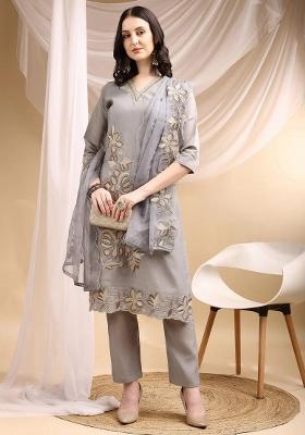 Grey Embroidery Chanderi Kurta Set