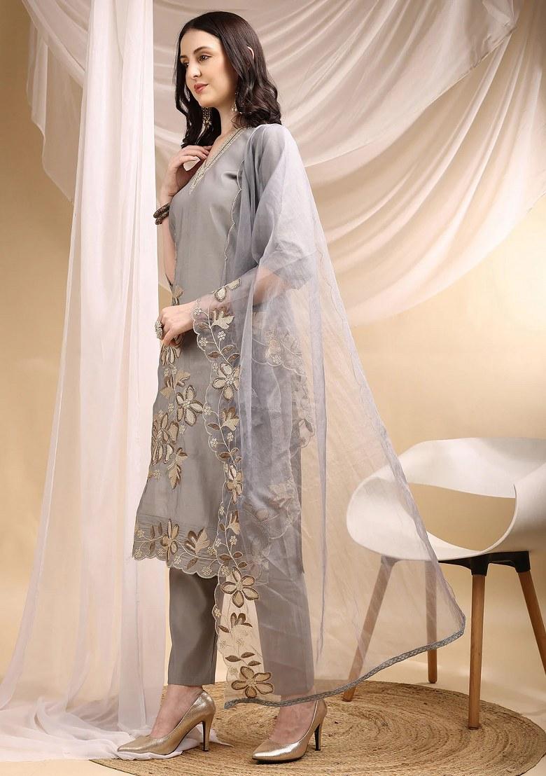 Grey Embroidery Chanderi Kurta Set - Indya