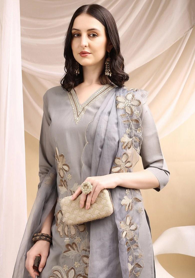 Grey Embroidery Chanderi Kurta Set - Indya