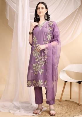 Lavender Embroidery Chanderi Kurta Set