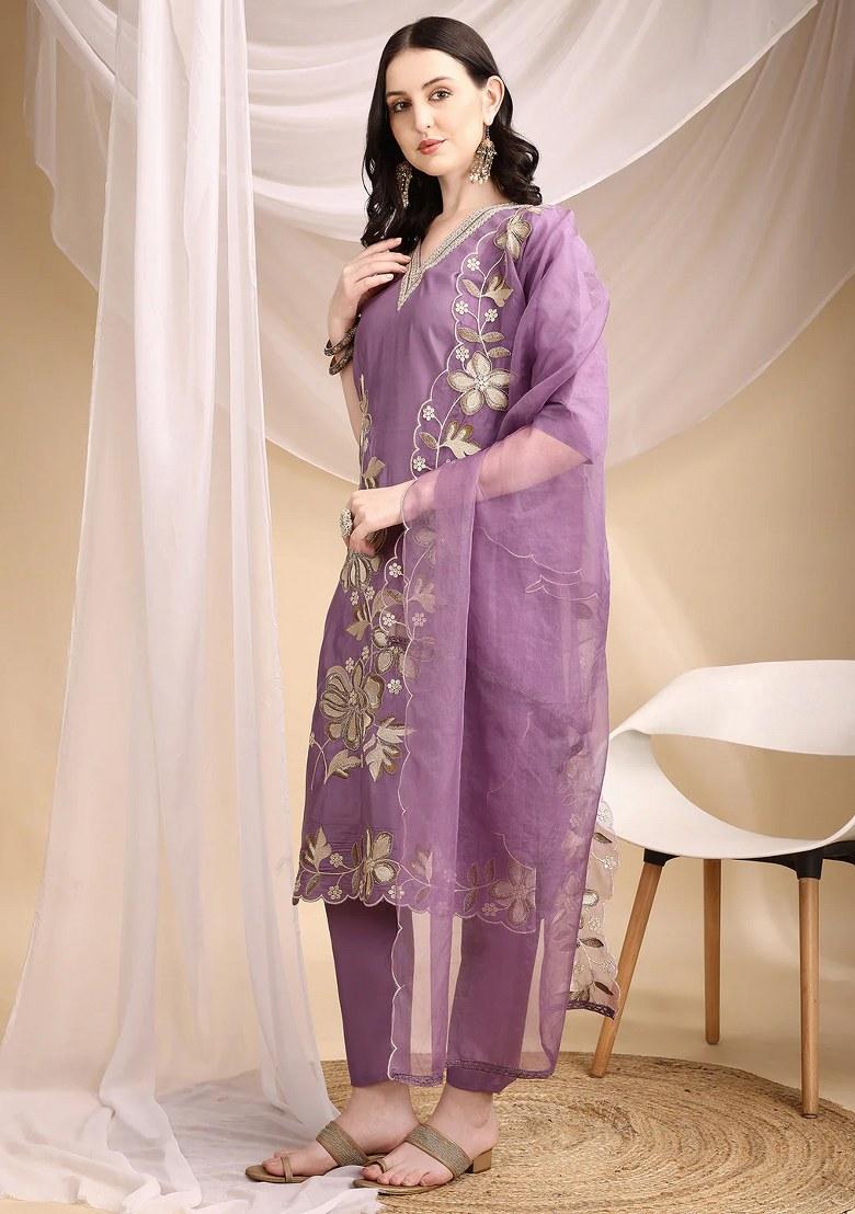 Lavender Embroidery Chanderi Kurta Set - Indya