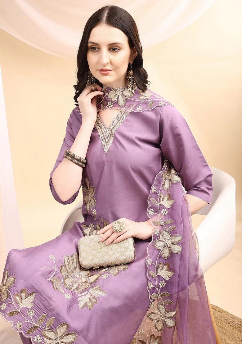 Lavender Embroidery Chanderi Kurta Set - Indya