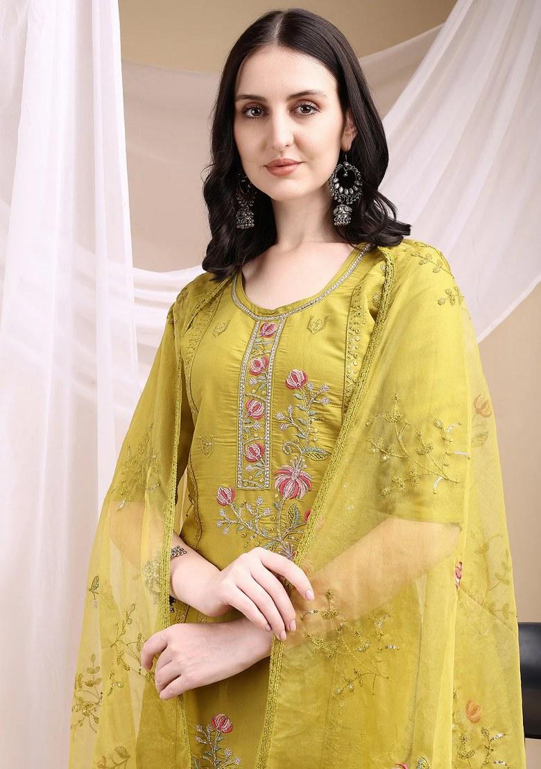 Mustard Embroidery Chanderi Kurta Set - Indya