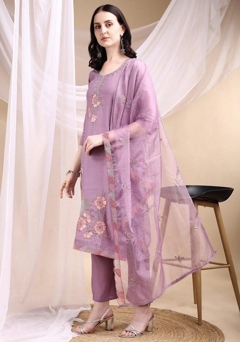 Lavender Embroidery Chanderi Kurta Set - Indya