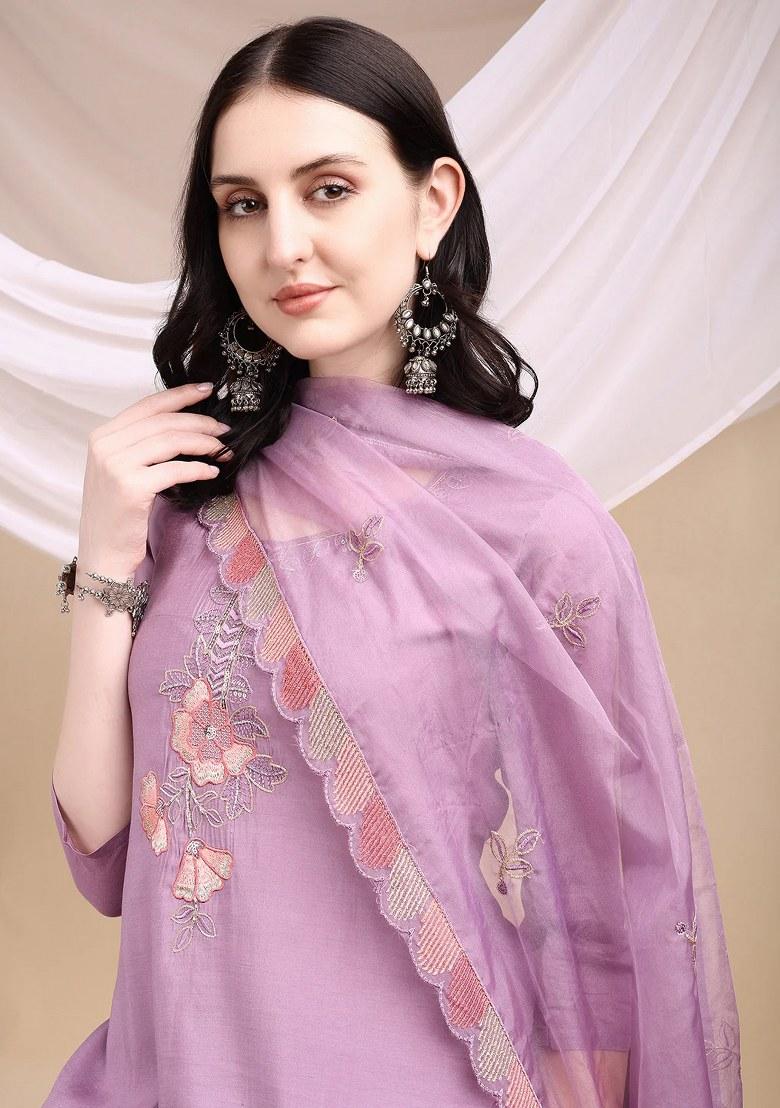 Lavender Embroidery Chanderi Kurta Set - Indya