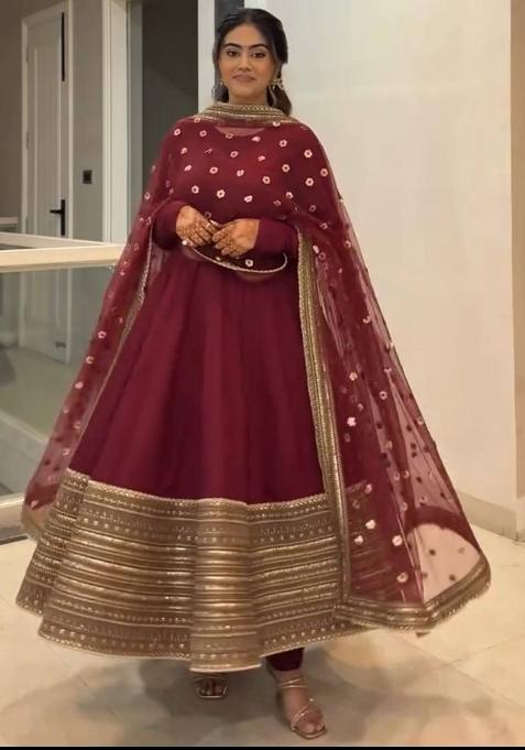 Maroon Sequence Work Silk Anarkali Set With Duppata
