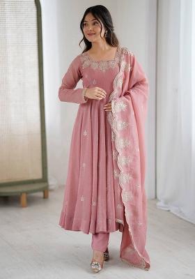 Peach Embroidery Silk Anarkali Set With Duppata