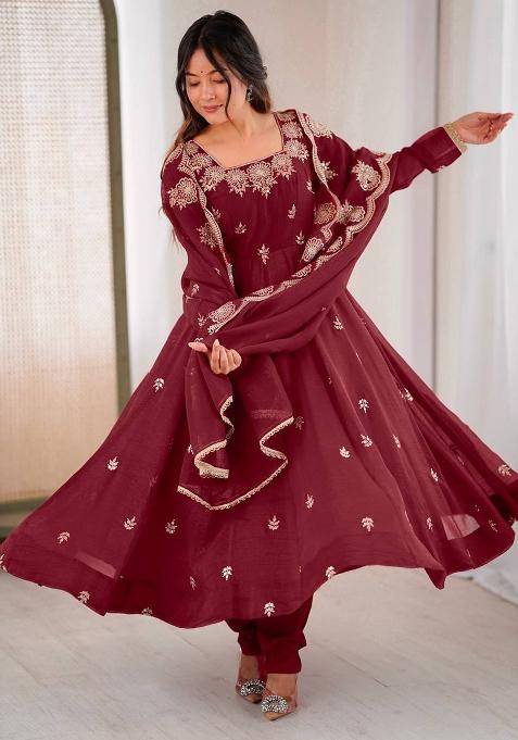 Maroon Embroidery Silk Anarkali Set With Duppata