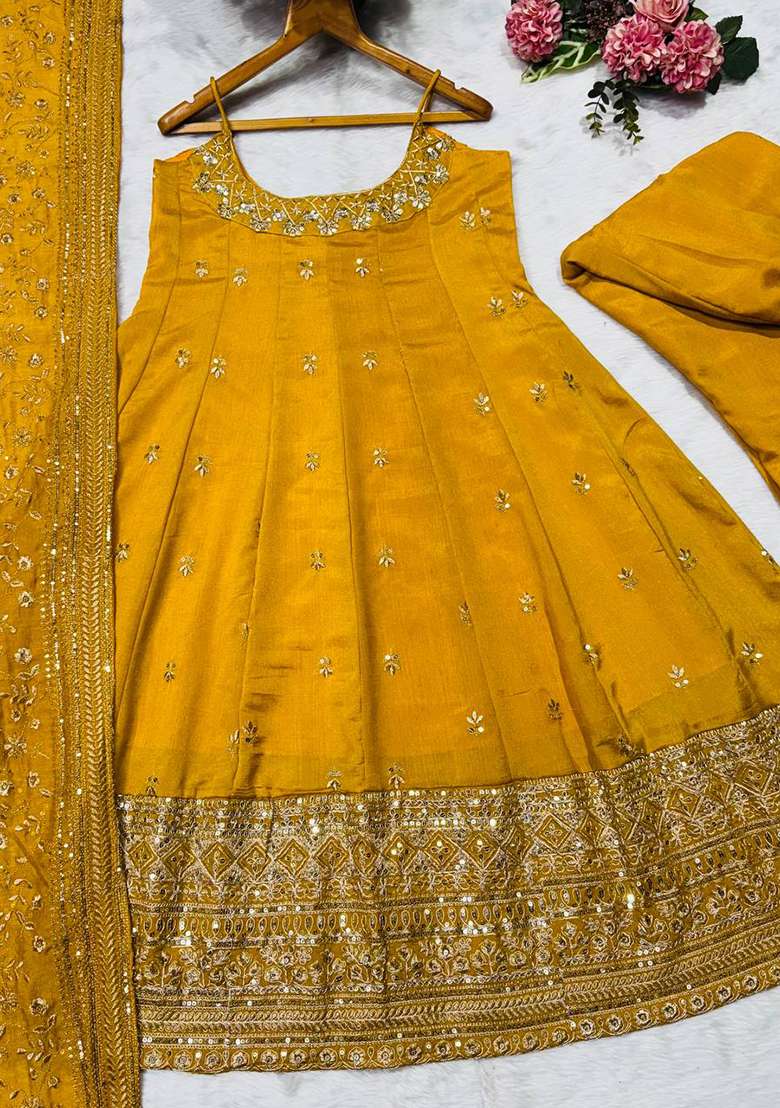 Yellow Embroidery Silk Anarkali Set With Duppata - Indya