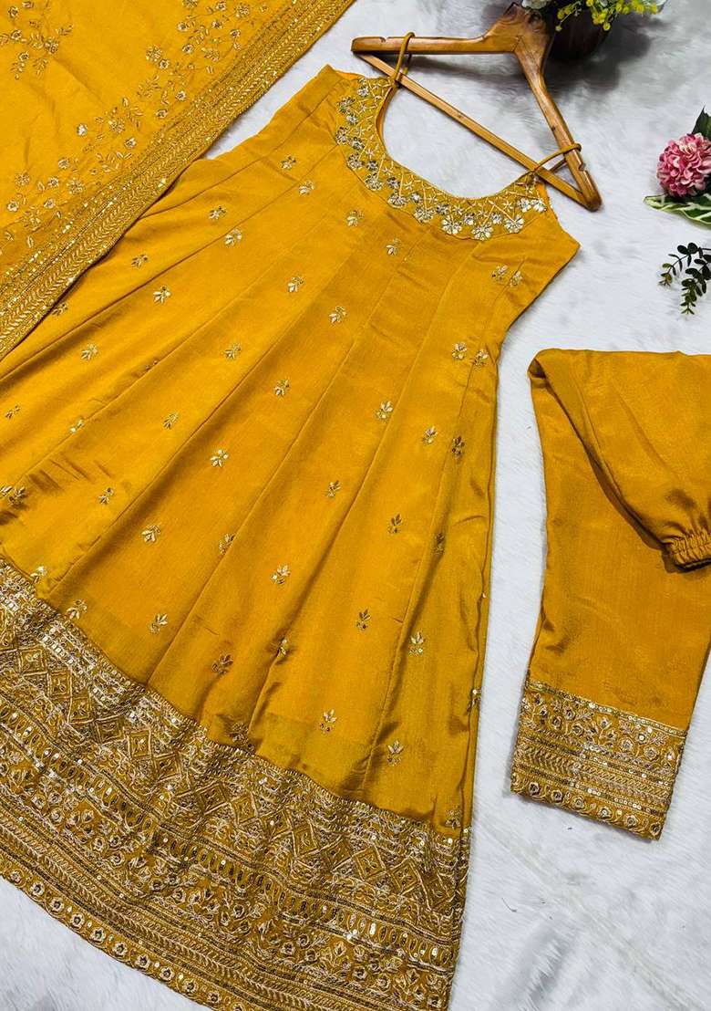 Yellow Embroidery Silk Anarkali Set With Duppata - Indya