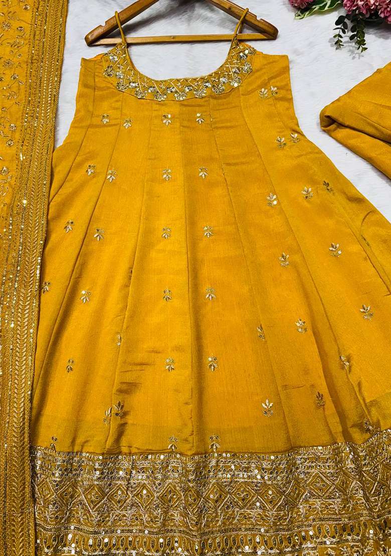 Yellow Embroidery Silk Anarkali Set With Duppata - Indya