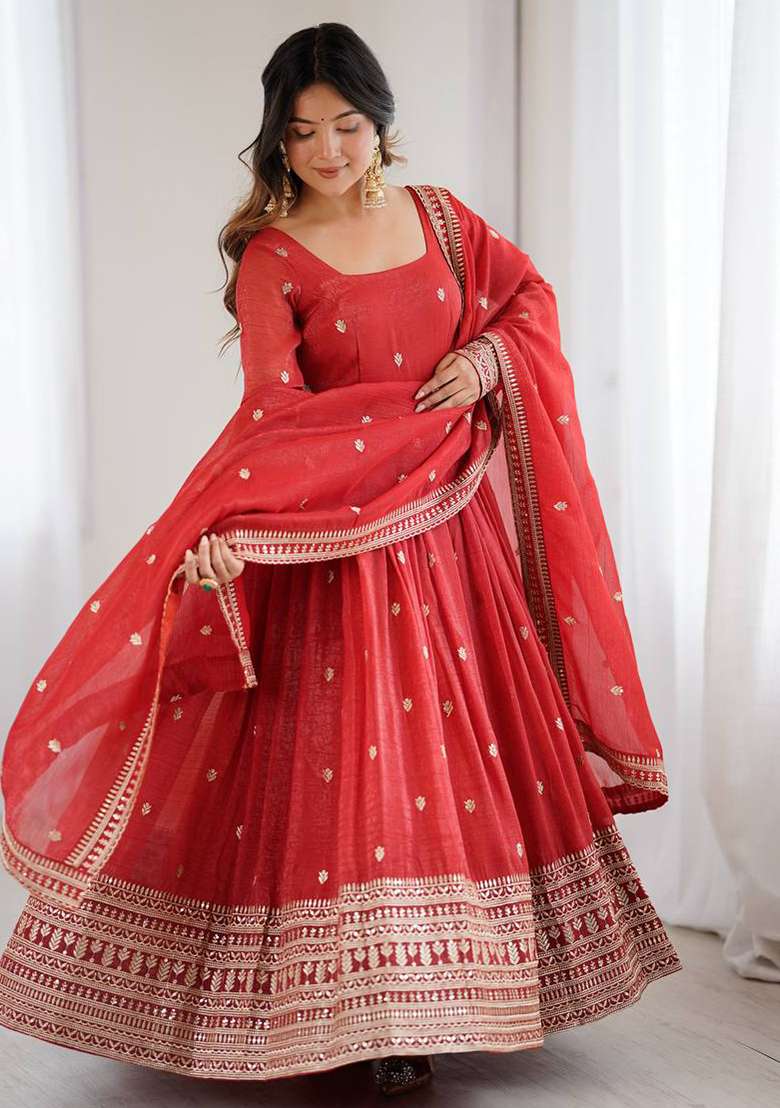 Rust Embroidery Silk Anarkali Set - Indya