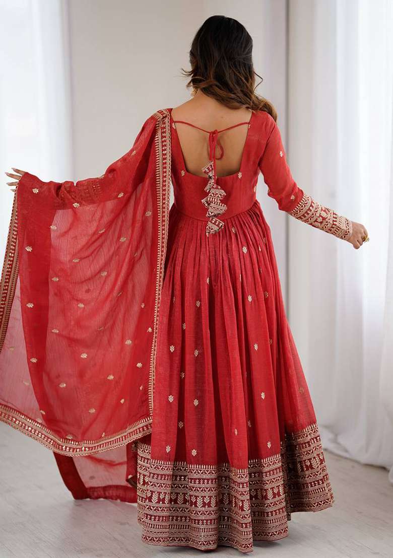 Rust Embroidery Silk Anarkali Set - Indya