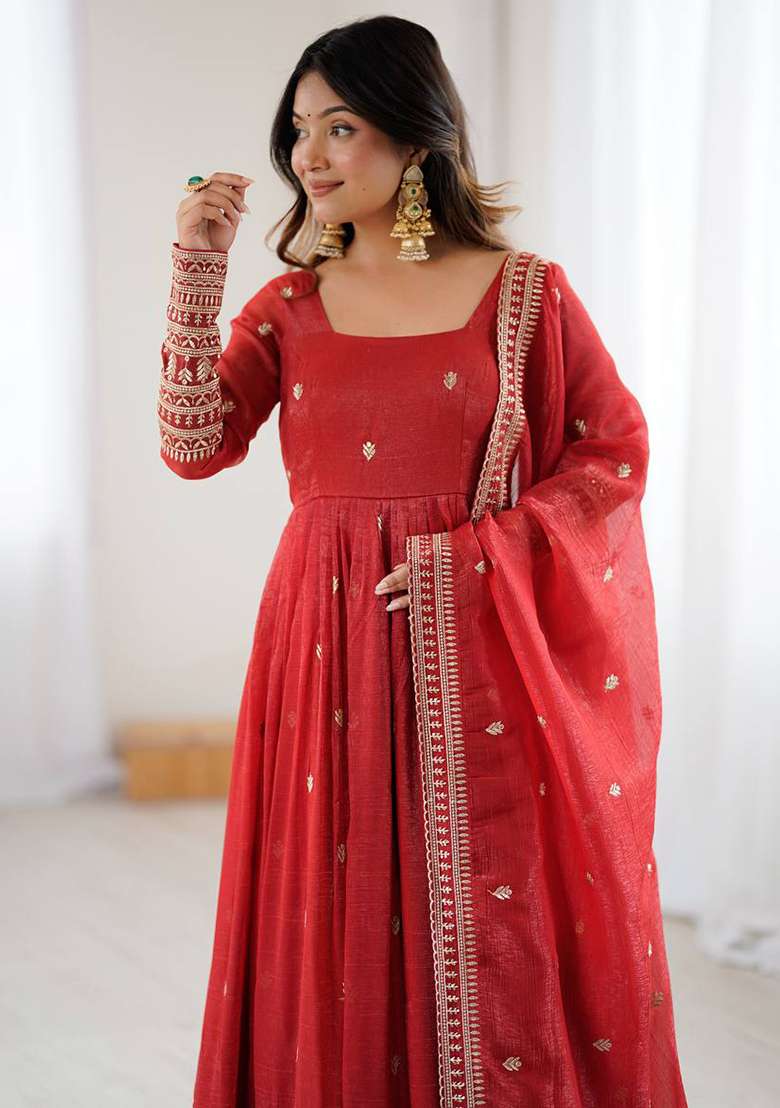 Rust Embroidery Silk Anarkali Set - Indya