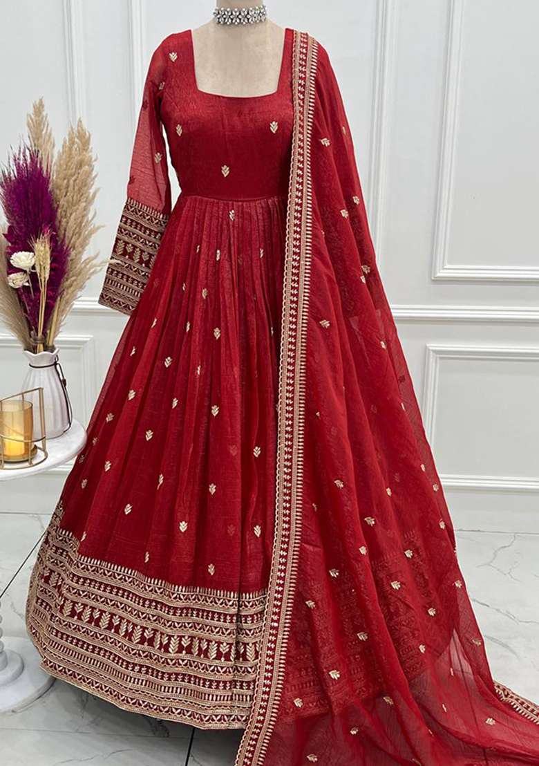 Rust Embroidery Silk Anarkali Set - Indya