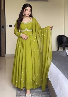 Olive Green Embroidery Georgette Anarkali Set With Duppata