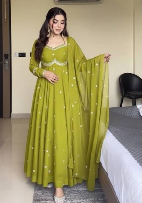 Olive Green Embroidery Georgette Anarkali Set With Duppata