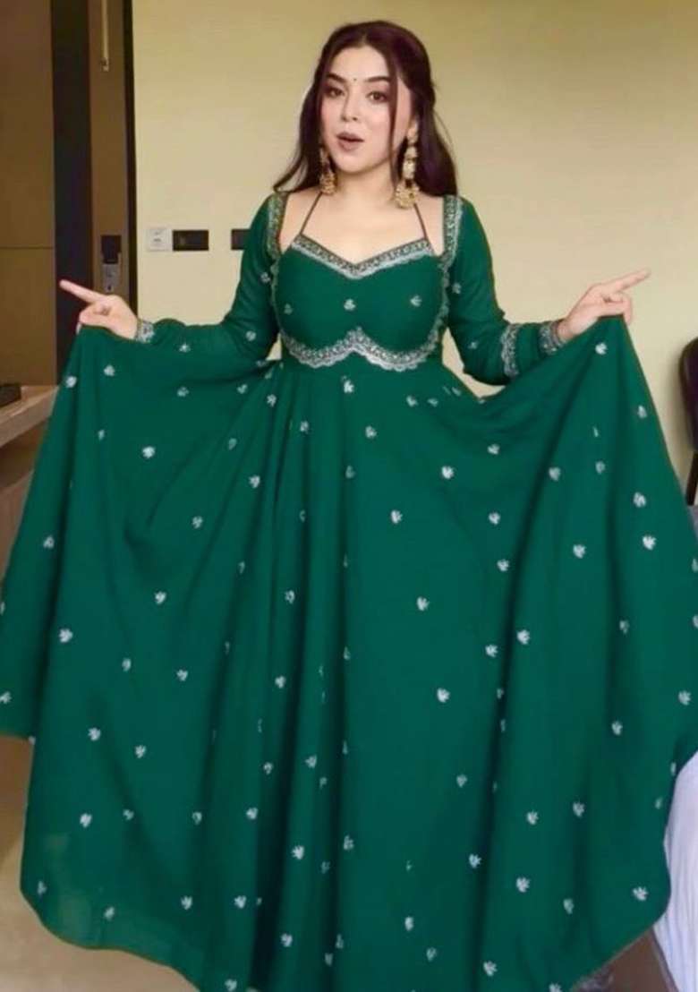 Green Embroidery Georgette Anarkali Set With Duppata - Indya