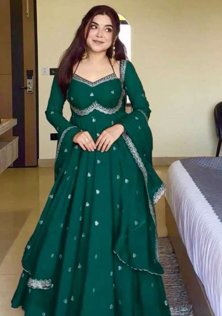 Green Embroidery Georgette Anarkali Set With Duppata - Indya